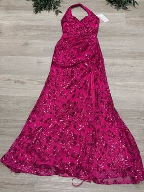 Halter Neck Sequined Maxi Dress in Hot Pink